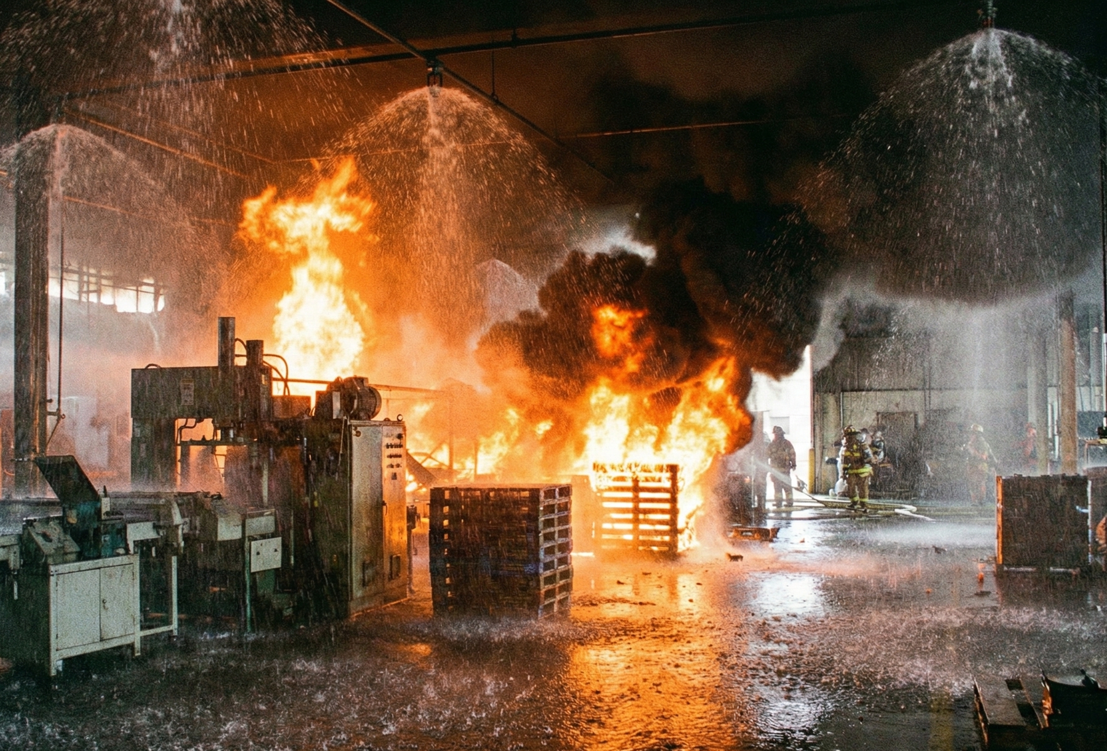 工廠火災與自動撒水示意圖（建議替換為自有素材）