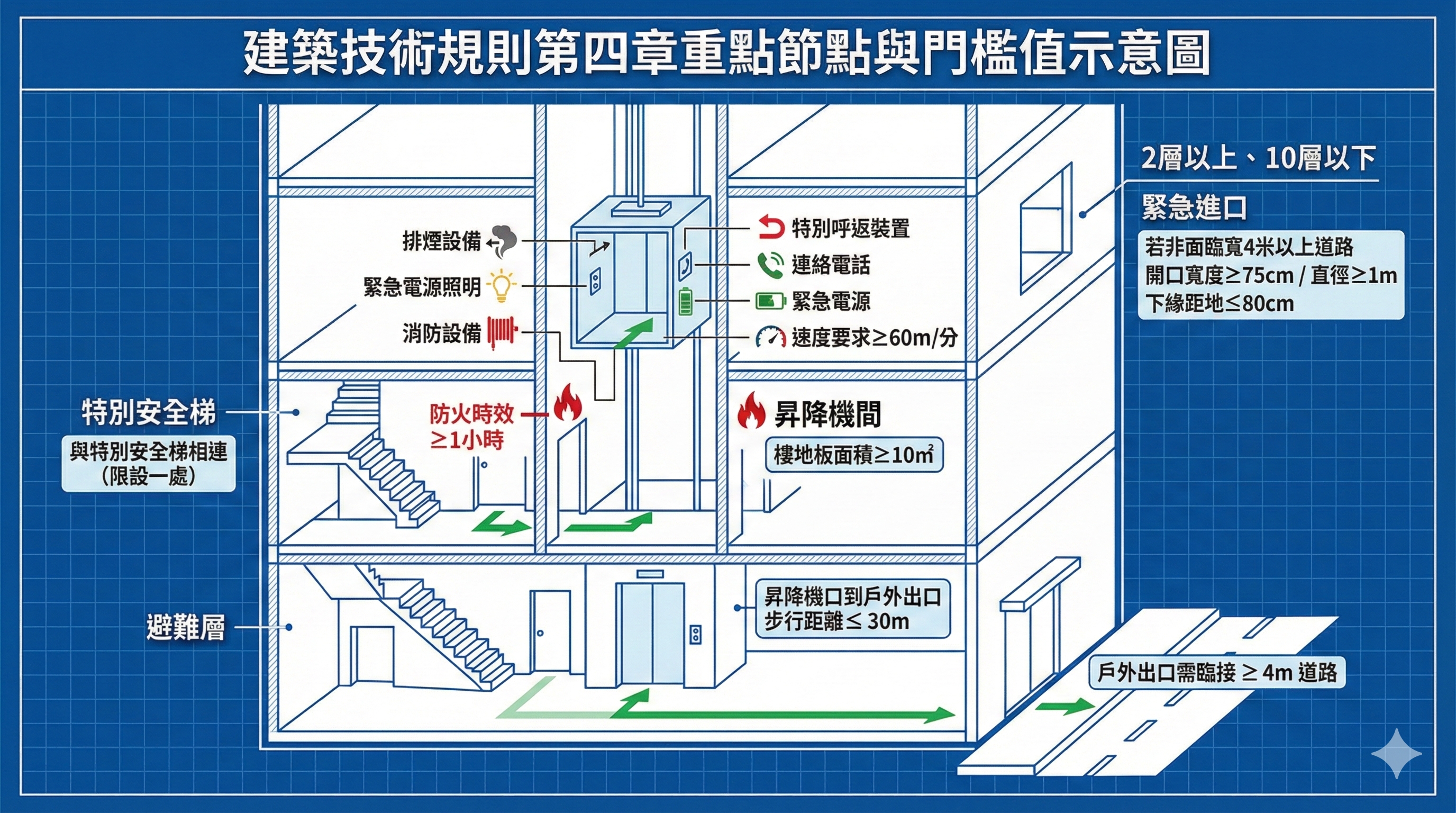 建築技術規則第四章核心重點：適用範圍、排煙、緊急照明、緊急昇降機、緊急進口、防火間隔、消防設備（示意圖）